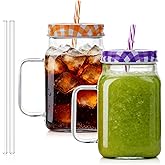 Salpae Mason Jar Cups with Handle and Straw 2 Pack, 17oz Kitchen Water Glasses Drinking Set Iced Coffee Cups Tumblers for Juice, Smoothie, Beverage,Milk