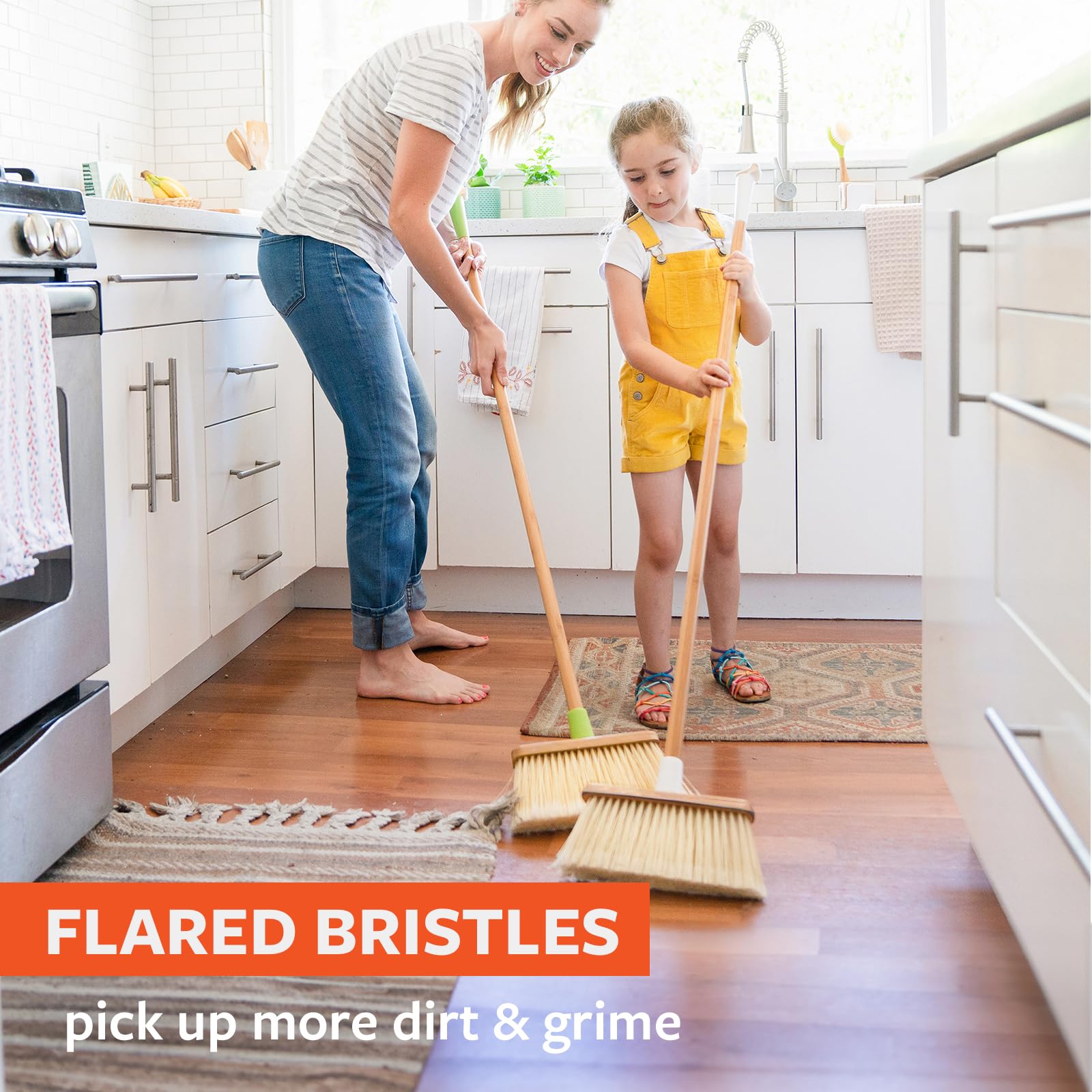 Full Circle Clean Sweep -Bamboo Broom -Angled for Precision in Tight Spaces, with Stiff Flagged Bristles for Indoor & Outdoor Cleaning -Ideal for Pet Hair, Kitchen, Hardwood, & Garage, White