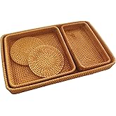 Rattan Tray Rectangle, Rattan Basket Set of 5, Wicker Decorative Serving Tray Fruit Baskets Food Serving Holders Woven Baskets for Storage Home Kitchen Restaurant Decor