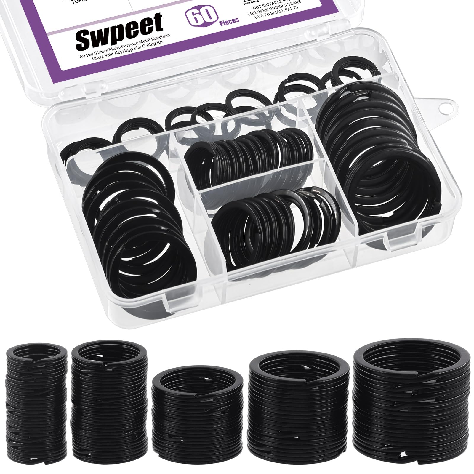 Photo 1 of Swpeet 60 Pcs Black Assorted Multi-Purpose Metal Keychain Rings Split Keyrings Flat O Ring for Home Car Keys Attachments Keys Pendants - 20mm, 25mm, 30mm, 35 mm, 38 mm