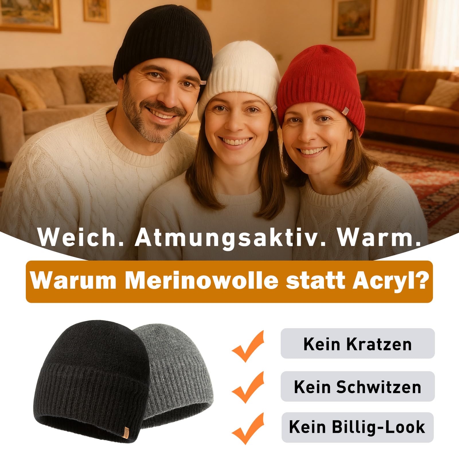 TOP-EX XL/XXL 100% Merinowolle Beanie Mütze, Wintermuetze Herren Damen, Fisherman Beanie Trawler Mütze, Strickmuetze, Warme Fleece Futter Grau XL/XXL 6