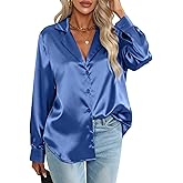 PEHMEA Women's Satin Button Down Shirts Silk Solid Long Sleeve Blouse for Work Office V Neck Casual Elegant Tunic Tops