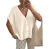 Womens Spring Sweaters Cardigans 2026 Summer Tops Trendy Short Sleeve V Neck Button Coverup Vacation Casual Outfits