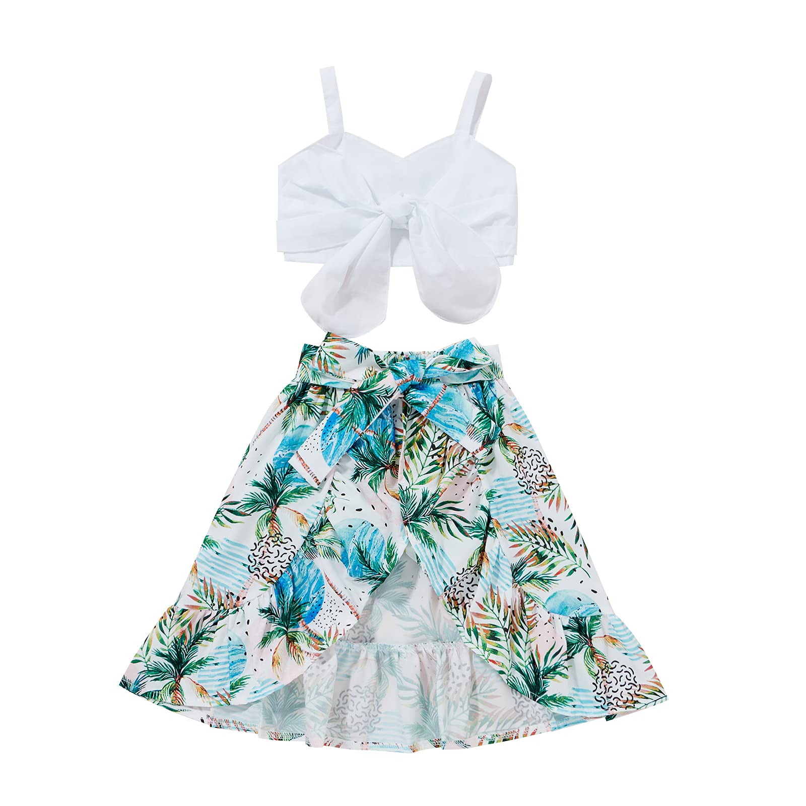 Photo 1 of Tiny Cutey Toddler Baby Girl Clothes Ruffle Crop Top +Boho Floral Skirt Summer Dress Outfit Two Piece Set (White Top+full Coconut Tree Skirt, 12-18 Months)