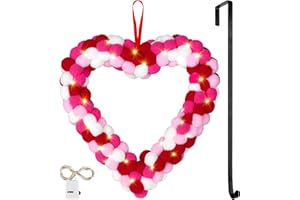 ANVAVO Valentine Day Felt Pom Pom Wreath with LED Lights 13 Inch Felt Heart Ball Wreath Valentine Pink Series Door Hanger Garland for Engagement Anniversary Home Indoor Outdoor Decoration
