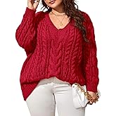 Dyexces Plus Size Sweaters for Women V Neck Long Sleeve Cable Knit Sweaters Casual Fall Sweaters Soft Jumper Tops
