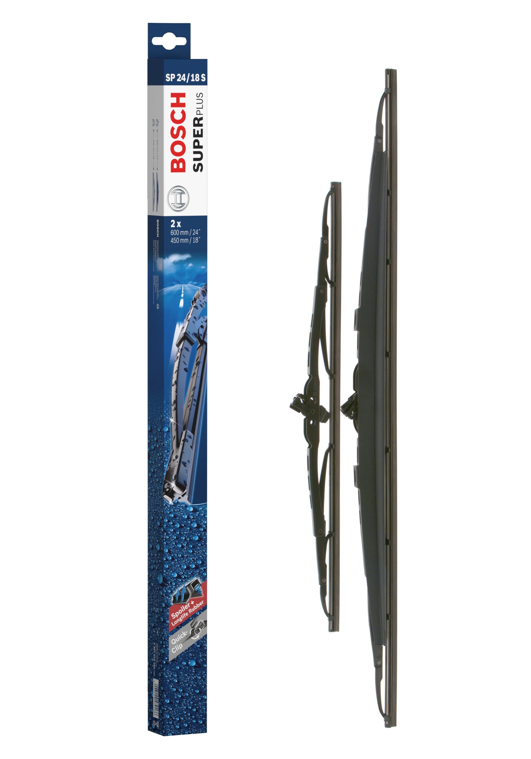Bosch SuperPlus SP 24/18 S - Front Windscreen Wiper - Replacement Blade, Comes with Pre-assembled Quick-Clip Adapter - 1 Blade, 600mm/450mm