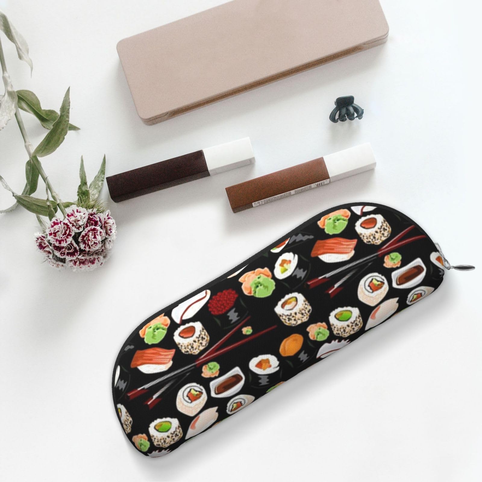 TOMPPY Japanese Sushi Black Printed Pencil Case Stand Up Pencil Pouch Small Pencil Holder Case Stationery Organizer Makeup Bag With Zipper Closure