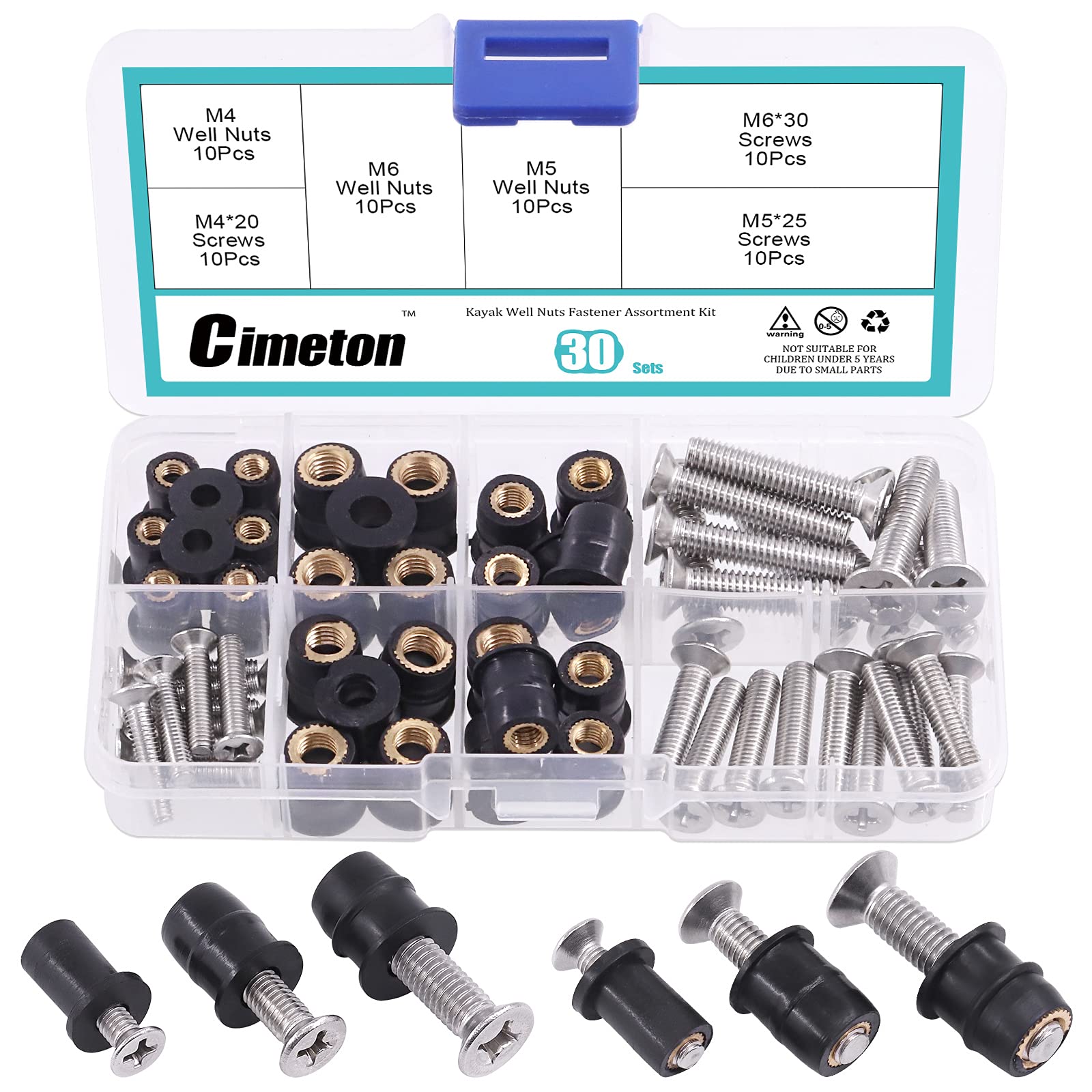 Cimeton 30 Pairs M4 M5 M6 Neoprene Well Nuts with Stainless Steel Pozi Screw Brass Copper Bolts Well Nut Kit for Kayak, Motorcycle, Boats (M4 x 20mm M5 x 25mm M6 x 30mm) โ image 1