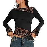Women's Asymmetrical Sheer Lace T Shirt Sexy Slim Fit Long Sleeve Blouse Boat Neck Crop Top Tees