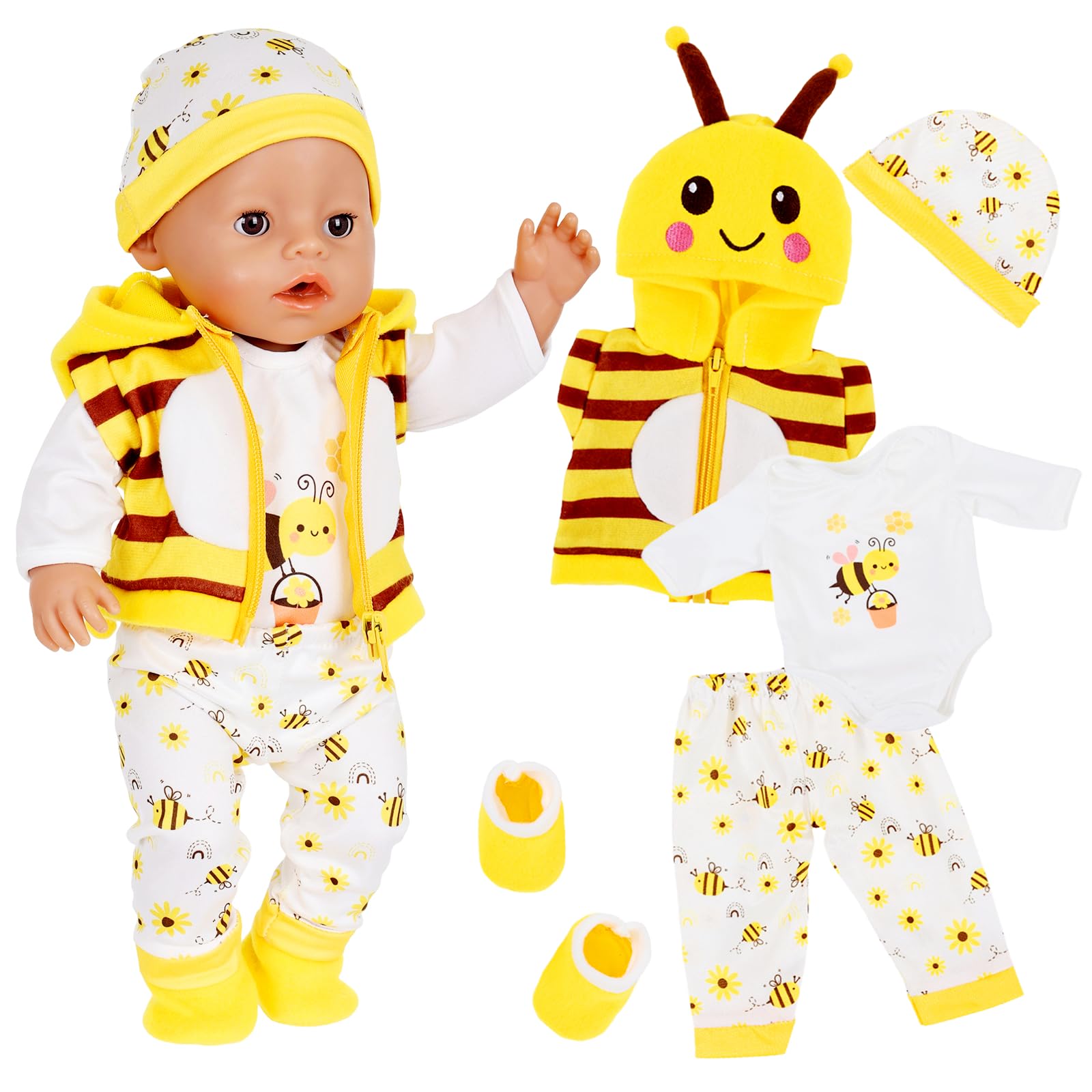 5 Pcs Doll Clothes for 14-17 inch Baby Dolls, 35-43cm Bee Overall Outfits with Hat Socks Long Sleeve Pants and Vest Cute Bee 43cm Dolls Clothes Accessories Girls Birthday Gift