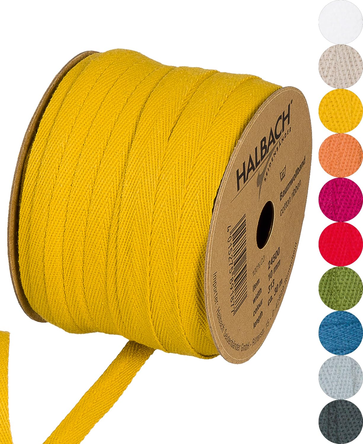 Halbach Seidenbänder Cotton Tape 10 mm x 30 m, Tapes for Crafts Sold by The Metre, Fabric Tape for Decorations, Woven Tape, 100% Cotton, DIY Crafts, Bias Binding, Sewing, Colour: Honey Yellow, 24500 — image 1
