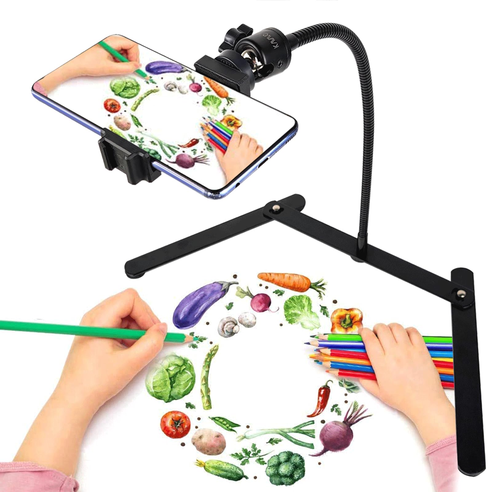 KAVAVO Adjustable Overhead Cellphone Holder,Tripod Phone Mount, Table Top Teaching Online Stand for Live Streaming and Online Video and Food Crafting Demo Drawing Sketching Recording.