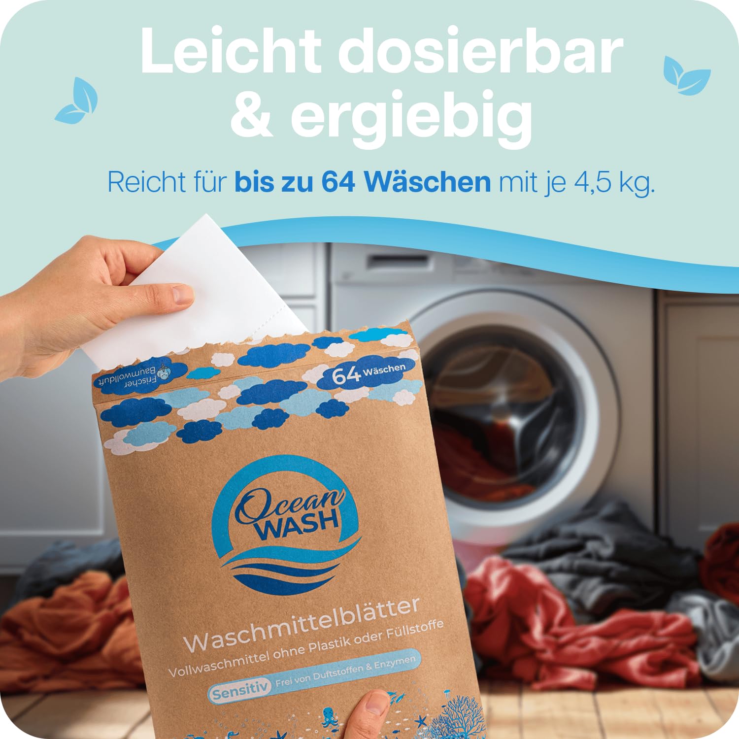 OceanWash Waschmittelblätter Sensitiv, Waschblätter Waschmaschine für alle Textilien und Farben, Waschtücher biologisch abbaubar, Laundry Detergent Sheets Vollwaschmittel, 64 Wäschen 6