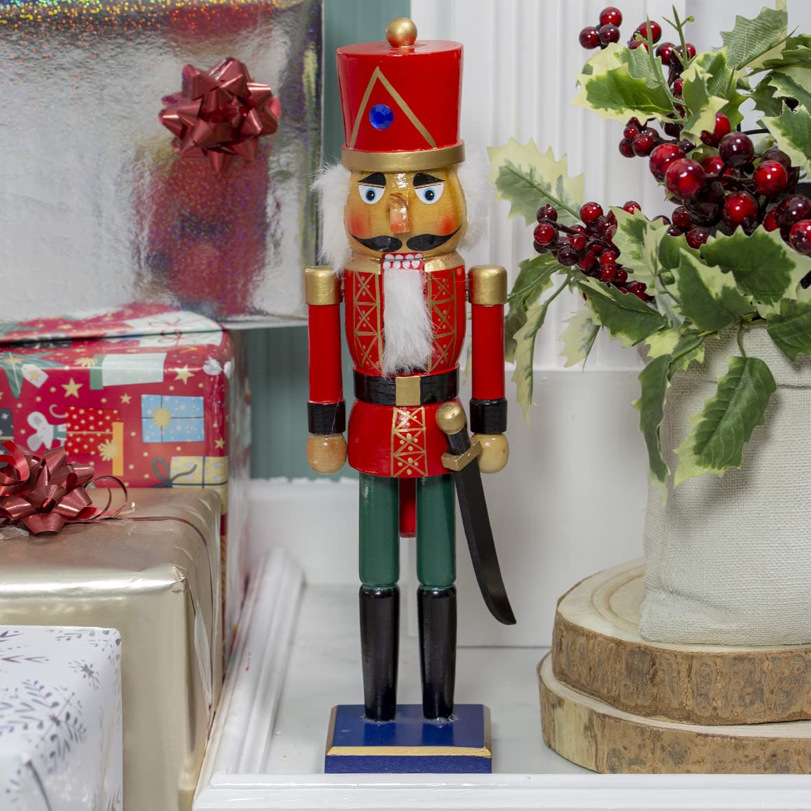 The Christmas Workshop 81550 Wooden Nutcracker Soldier / 35cm Tall/Red & Green Coloured Nutcracker Christmas Decoration