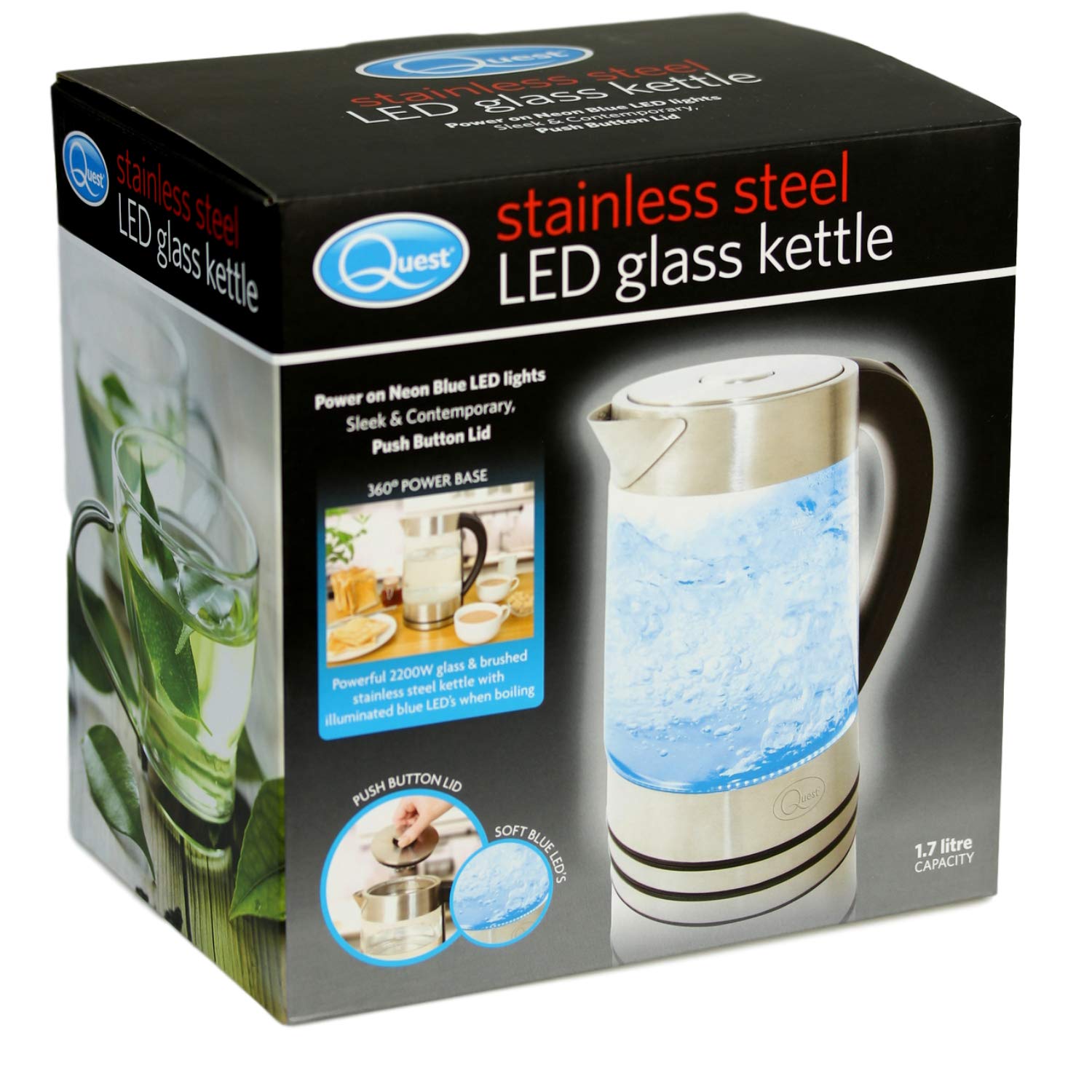 Quest 34260 1.7L Glass and Stainless-Steel Illuminating Kettle/Fast Boil 2200W / Spout Filter/Overheat Protection/Non-Slip Feet/Cord Storage/BPA Free