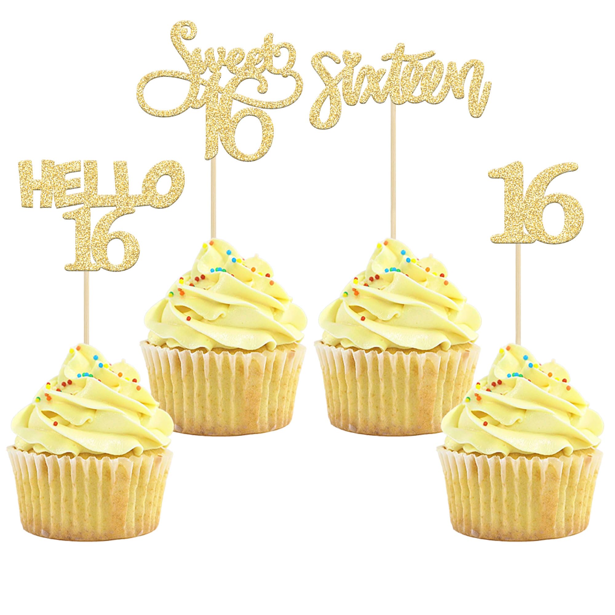 Gyufise 24Pcs Gold Glitter 16th Birthday Cupcake Toppers Sweet 16 Cake Toppers Hello 16 Sixteen Cupcake Picks for 16th Birthday Cake Decorations Supplies