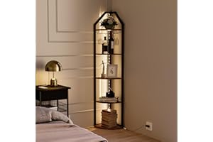 SAUCE ZHAN 5 Tier Corner Shelf with Light, 70" Tall Display Shelf with Goblet Holder, Coner Shelf Stand for Living Room, Kitchen, Bedroom, Gaming Room, Space Saving