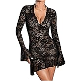 Floerns Women's Sheer Lace Mini Dress Deep V Neck Flare Sleeve Party Bodycon Night Out Dresses