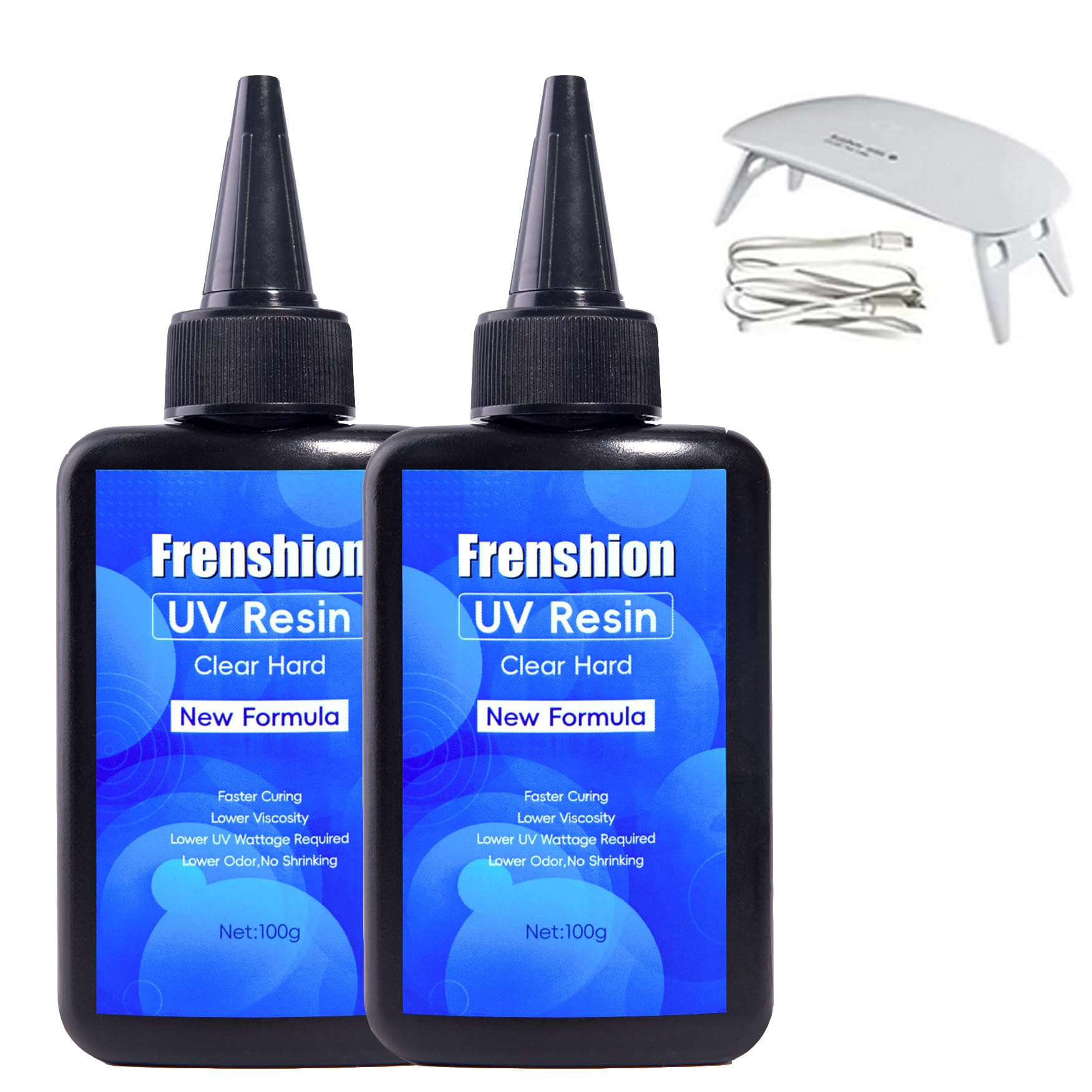 Mini Lamp+2x100G UV Resin,Upgrade Formula Crystal Clear UV Resin Solar Cure Sunlight Activated Hard UV Resin Kit for Jewelry Earrings Necklace Bracelet Making, Casting& Coating and DIY Craft