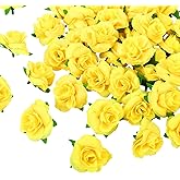 Kesote 50pcs Mini Yellow Roses Buds Artificial Flowers Bulk, 1.6 Inch Small Silk Fake Roses Flower Heads for Decoration, Crafts, Wedding Party Home Decor