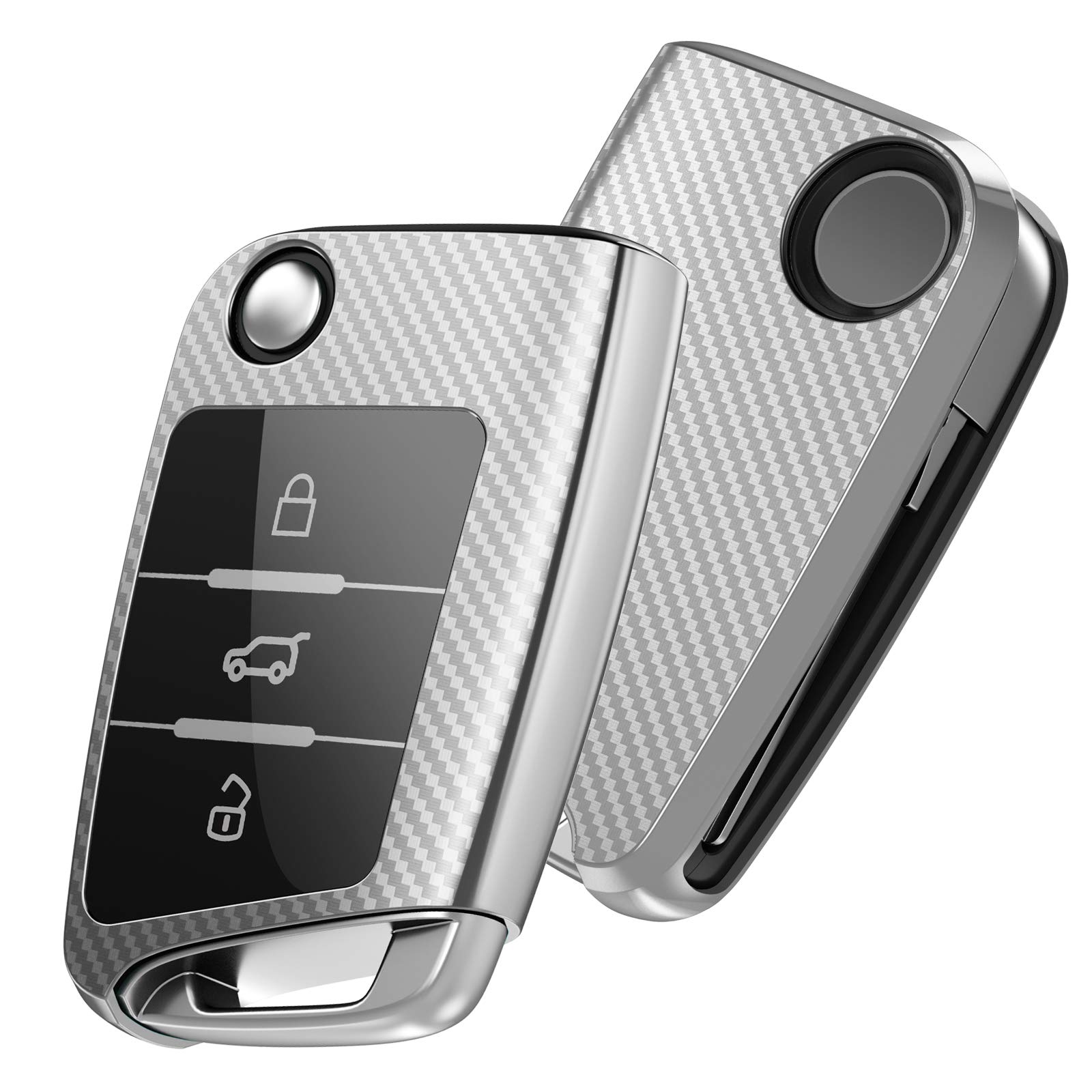 OATSBASF Car Key Cover Compatible with VW,Car Key Case for VW Golf 7 Polo Skoda Seat TPU Silicone 3 Buttons Box (Silver-Stripe)