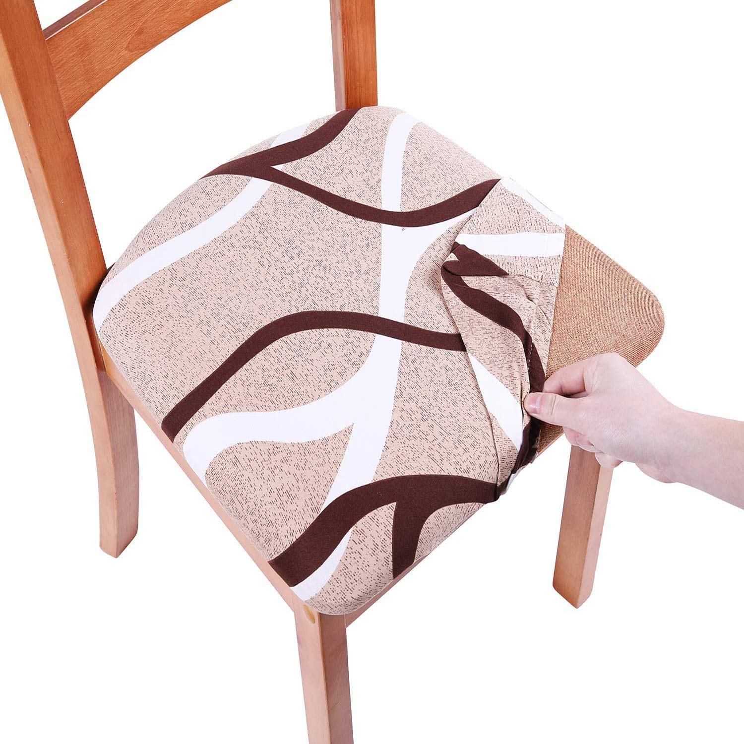 Homaxy Stretch Chair Seat Covers for Dining Room Set of 4, Elastic Dining Chair Seat Protector Cover Removable Washable Chair Slipcovers with Ties, Khaki