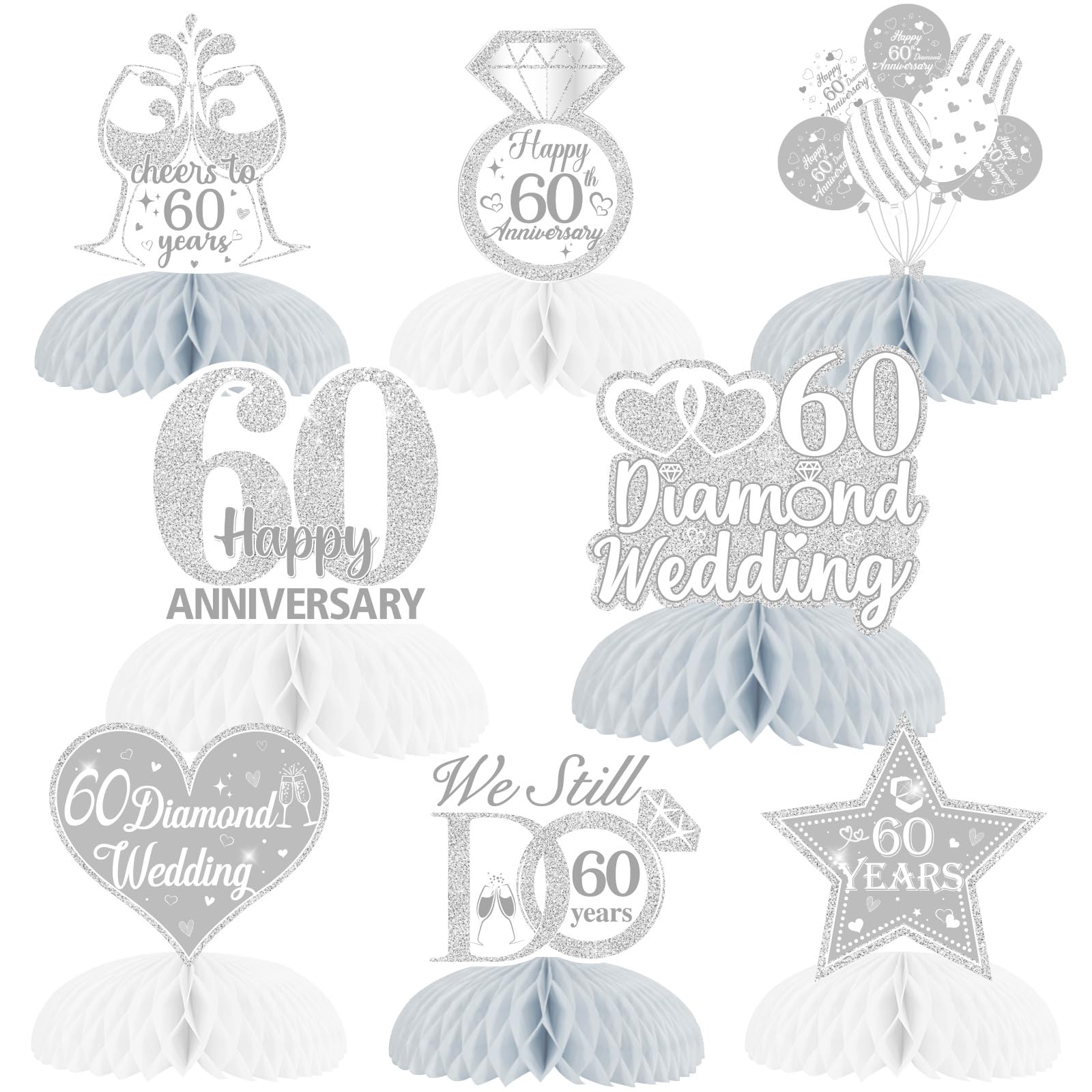 Fangleland 8Pcs Diamond Wedding Anniversary Table Decorations, Honeycomb Centerpieces Table Toppers Cheers to 60th Wedding Anniversary Honeycomb Table Topper for Happy Anniversary Decorations Romantic