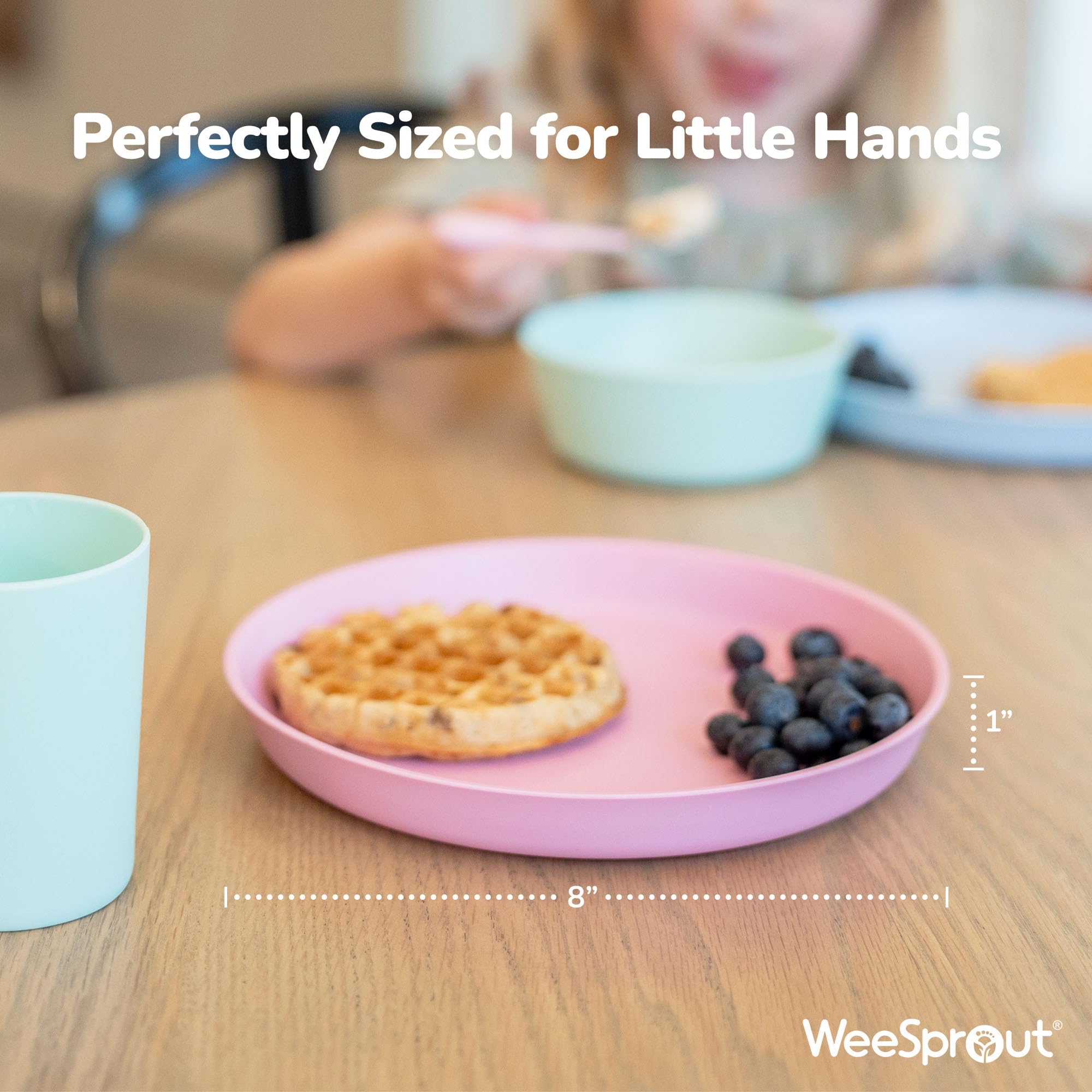 WeeSprout Bamboo Plates, Set of 4, Kid-Sized Dinnerware, Dishwasher Safe Melamine Dishware (Blue, Green, Gray, & Beige, Without Lids)