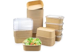 50 Pack 25 oz Paper Meal Prep Containers with Lids, Rectangular Disposable Food Containers, Kraft Paper Bowls with Lids for S