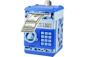 Cabhuti Piggy Bank Electronic Password Mini ATM Cash Coin Can Auto Scroll Paper Money Saving Box,Christmas,Birthday,Children's Day Gift for Kids (Camouflage Blue)