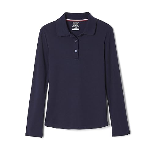 French Toast Girls Size' Uniform Long Sleeve Polo with Picot Collar (Standard & Plus), Navy, 14/16 Plus