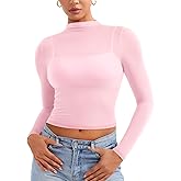YEOREO Womens Sheer Tops Long Sleeve See Through Tops Mock Neck Slim Fit Workout Shirt Jamy Going Out Sexy Shirts