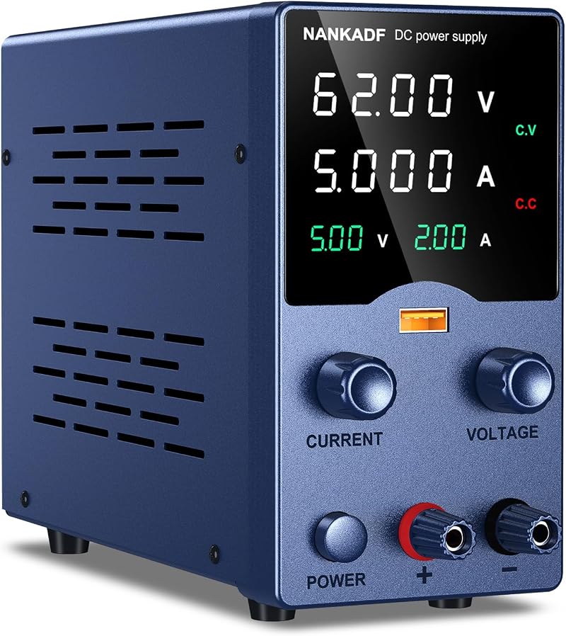 NANKADF 0-62V 0-5A DC Bench Power Supply 4-Digit LED USB Fast Charging
