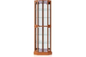 BELLEZE Lighted Curio Cabinet Corner Display Case for Living Room, China Hutch with Tempered Glass Doors and Shelves, Wooden Accent Cabinet, Bar and Liquor Storage Area - Ashfield (Oak)