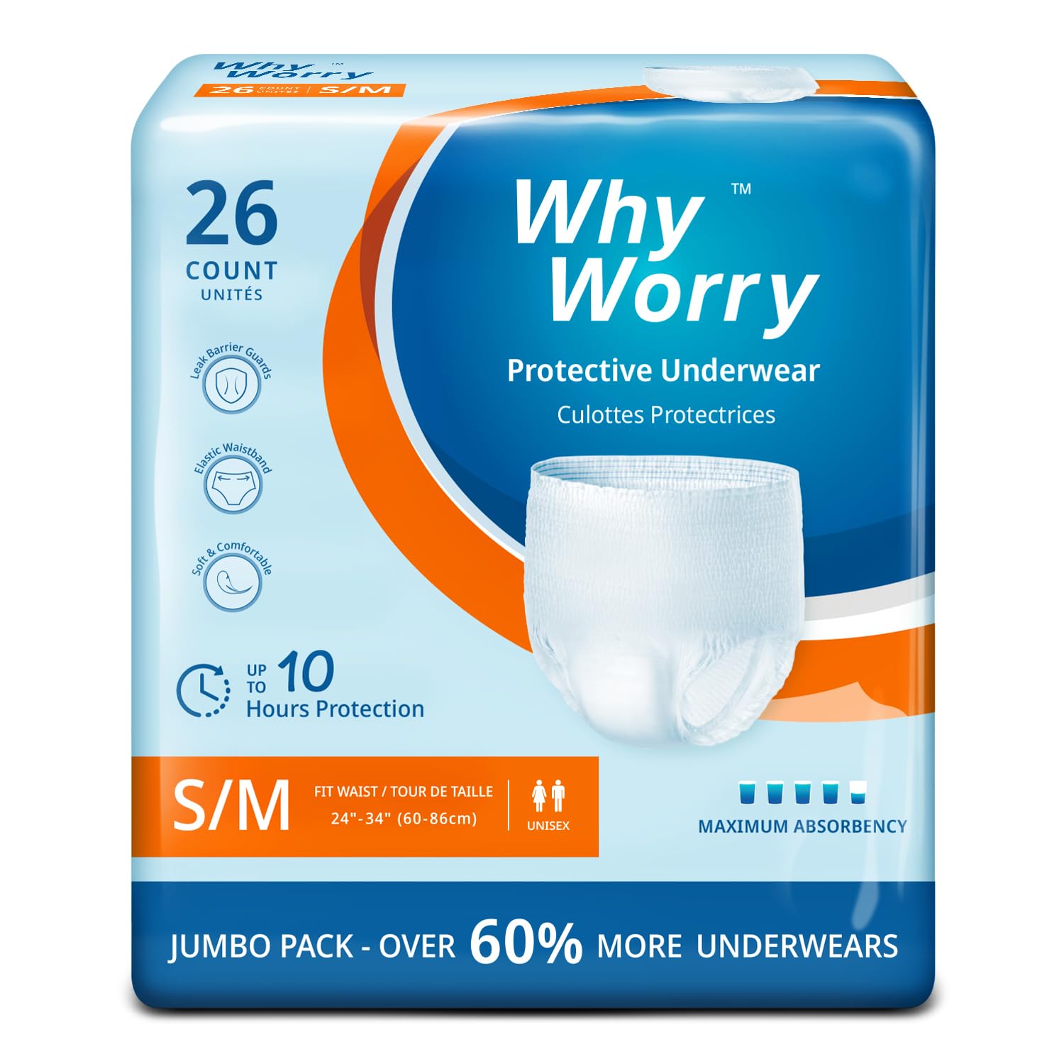 Photo 1 of WhyWorry Incontinence Underwear for Women and Men, Disposable Adult Pull Ups with Overnight Absorbency, Leakproof, Unisex, Small/Medium, 26 Count