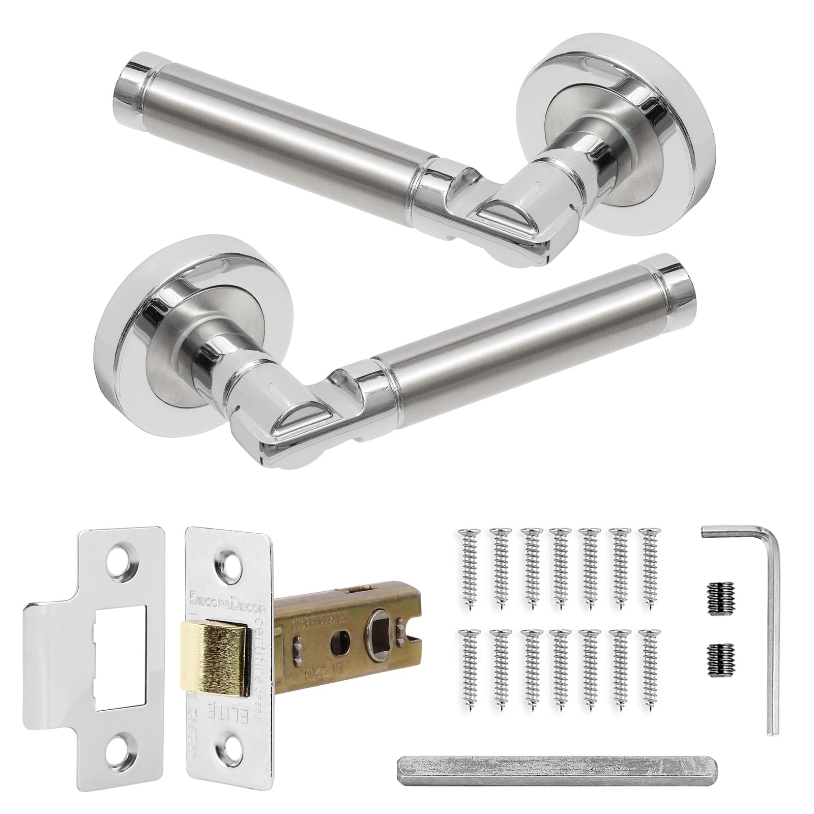 Decoranddecor Enigma Duo Colour Round Door Handles – Aluminium Silver Internal Handle Sets with Mortice Latch – Sleek and Versatile Design for Bedrooms, Bathrooms, and Interior Doors