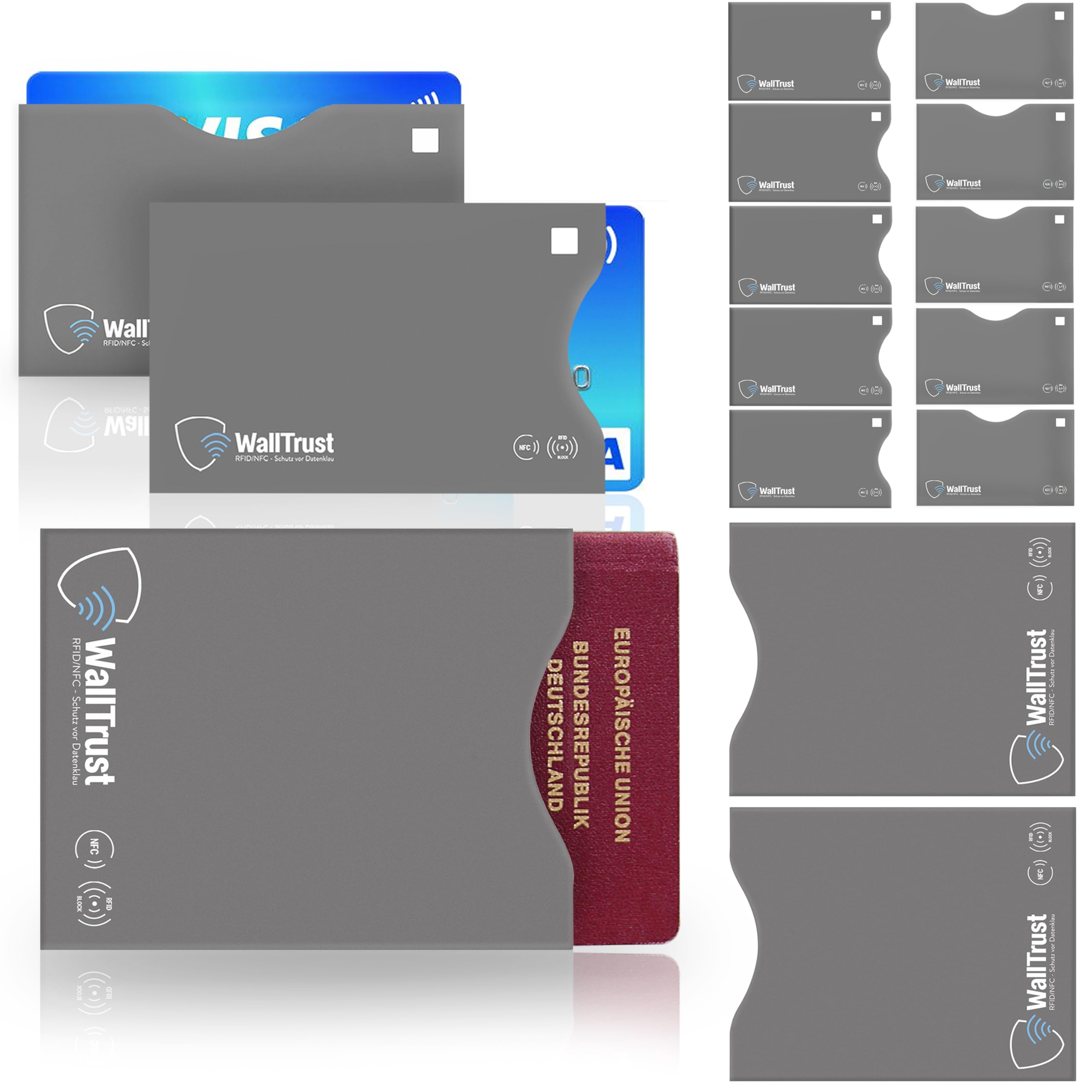 WallTrust RFID NFC Blocking Sleeve Set for Credit Cards and Passport, 12 Pack