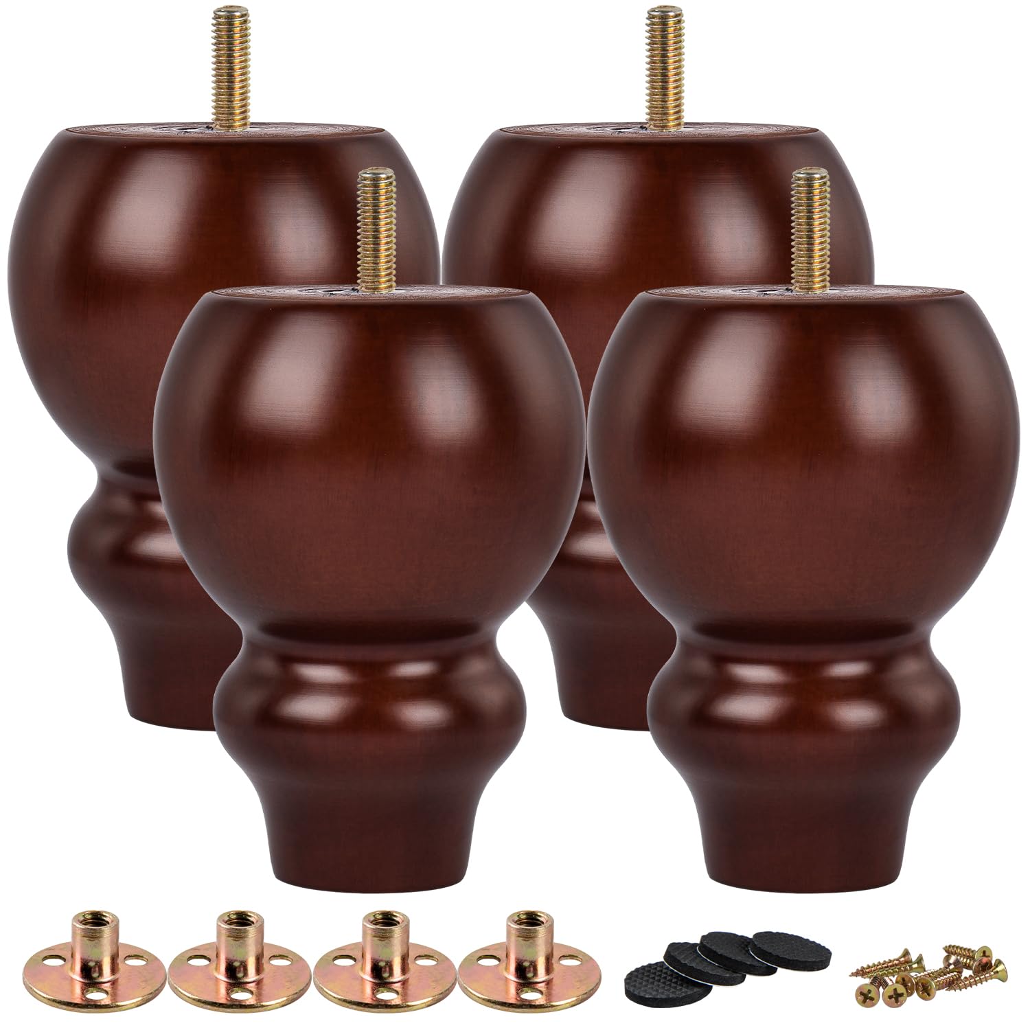TCHOSUZ 5 inch / 12cm Wooden Furniture Legs, Pack of 4 Brown Solid Wood Turned DIY Replacement Bun Feet with M8 Hanger Bolts & T-Nuts or Sofa Couch Cabinet Recliner Ottoman Riser