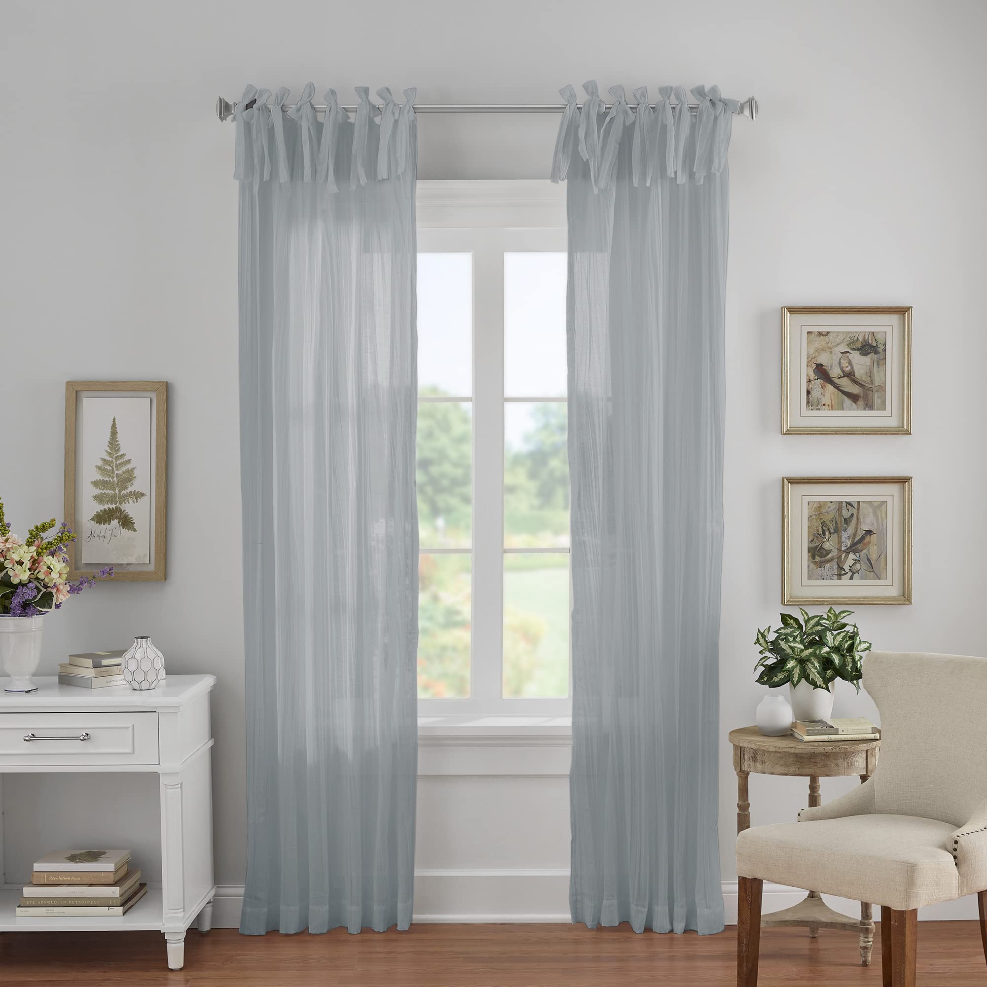 Elrene Home Fashions Jolie Crushed Semi-Sheer Window Curtain, Adjustable Tie-Top Single Panel, 52" x 84" (1 Panel), Soft Blue