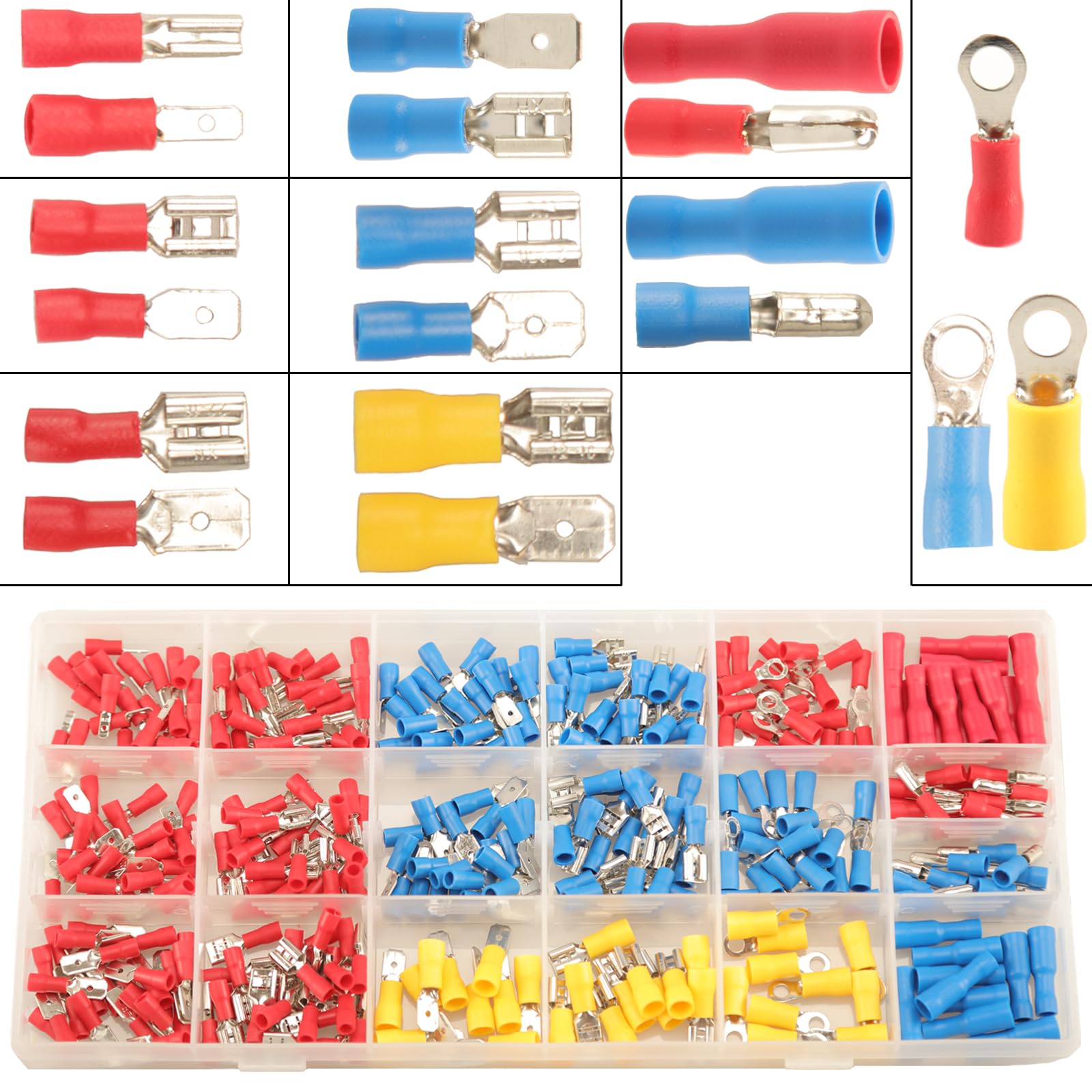 Feggizuli 350pcs 19 Types Crimp Connectors - Male & Female Spade, Ring & Bullet Terminals - 2.8mm, 4.8mm, 6.3mm
