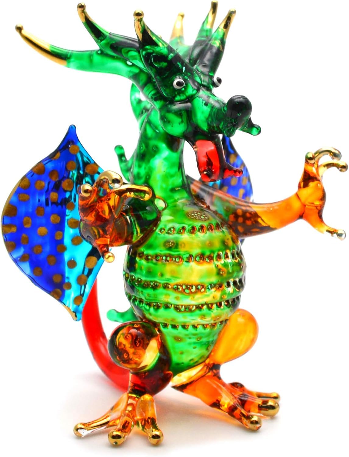 Mr_air_thai_Glass_Blown Tiny 4½" Long Multicolor Sitting Western Dragon Figurine - Miniature Hand Blown Glass Dragons Mythical Creatures Animals Crystal Decorative Collectible Figurines Décor Gifts