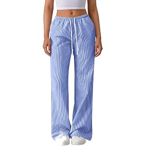bawilom Womens Striped Wide Leg Palazzo Pants High Waisted Elastic Drawstring Casual Loose Fit Lounge Trousers with Pockets