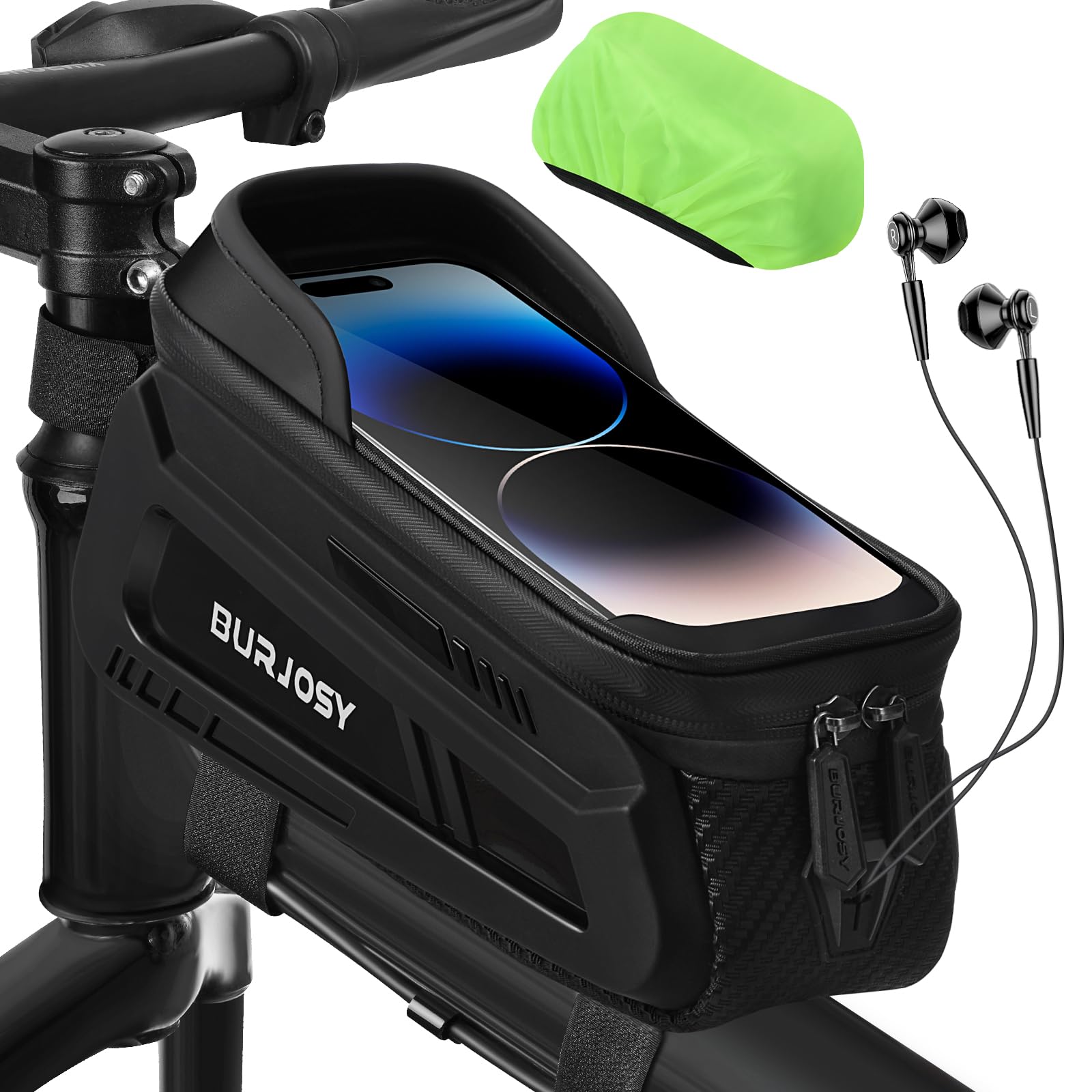 Burjosy Bike Frame Bag, Waterproof Bike Phone Holder Bag with TPU Touch-Screen & Sun-Visor, Bicycle Top Tube Pouch Compatible Phone Under 7”