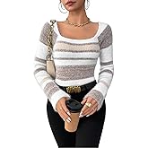 FOTKLAX Women's Pullover Striped Knit Scoop Neck Sweater Color Block Long Sleeve Cute Trendy Fuzzy Sweaters