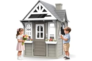 BTMWAY Kids Outdoor Playhouse,Cedar Gray Wooden Play House for Kids Ages 3-8, with Play Kitchen, Interactive Doorbell, Toy Phone, Sink, Flowerpot