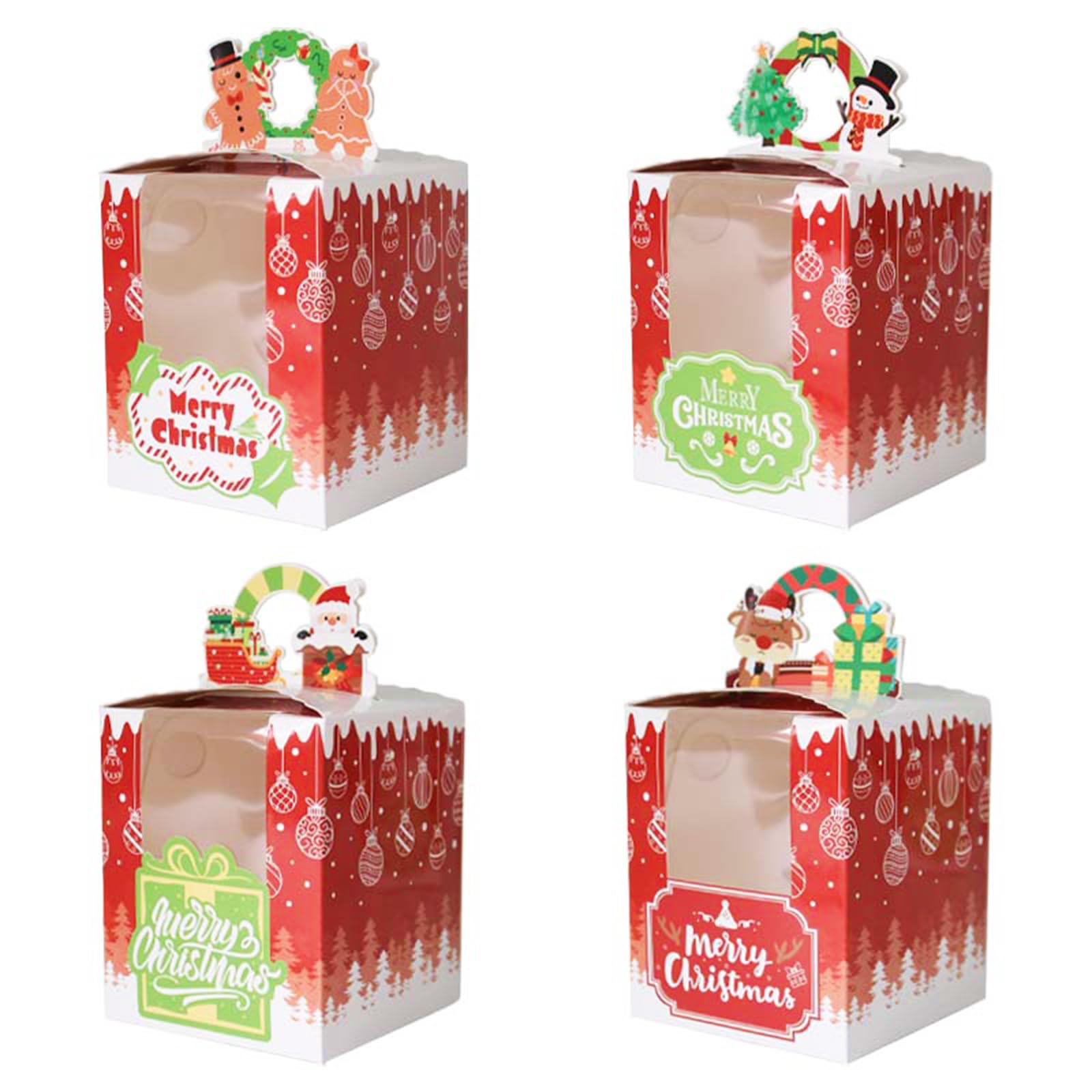 Allbusky 12PCS Christmas Individual Cupcake Boxes Muffin Boxes Cake Boxes and Inserts, 4 Styles Single Cupcake Carrier, Paper Treat Boxes for Christmas Party Favors