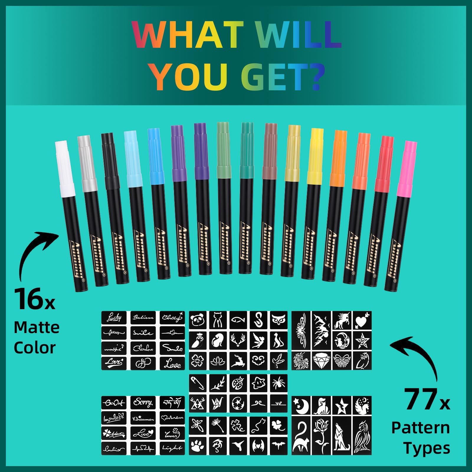 Temporary Tattoo Markers for Skin, 16-Count Body Markers+77 Large Tattoo Stencils of Assorted Colors for kids and Adults, Flexible Brush Tip, Bright colors, Skin-Safe*, Cosmetic-Grade.