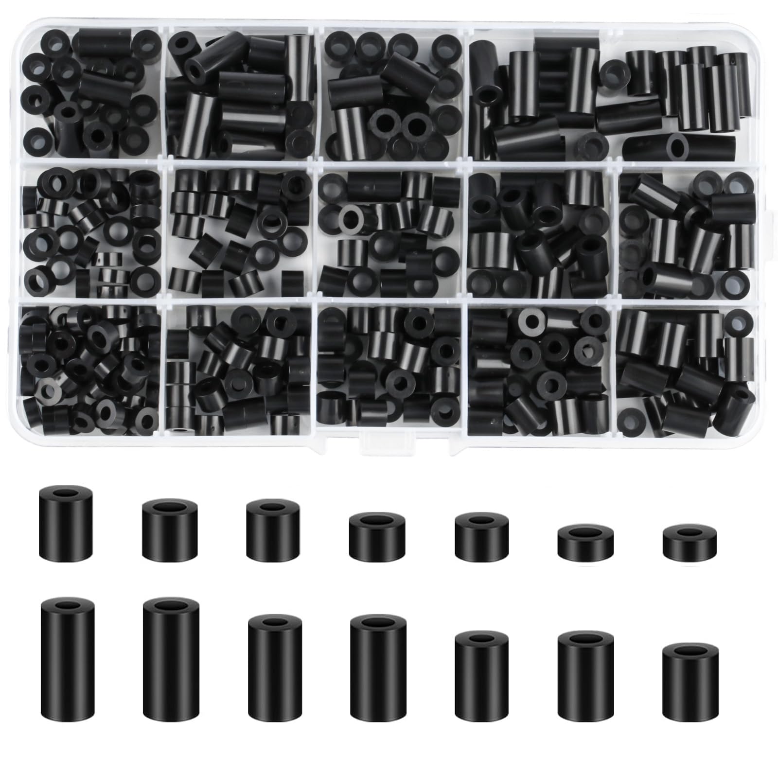 360 Pcs Nylo360 Pcs Nylon Plastic Spacers, Black Nylon BS Round Spacer Washer Assortment Kit, M3 M4 Non Threaded Column Standoff Support, Insulation Screws Spacers Washers, 14 Sizesn Plastic Spacers