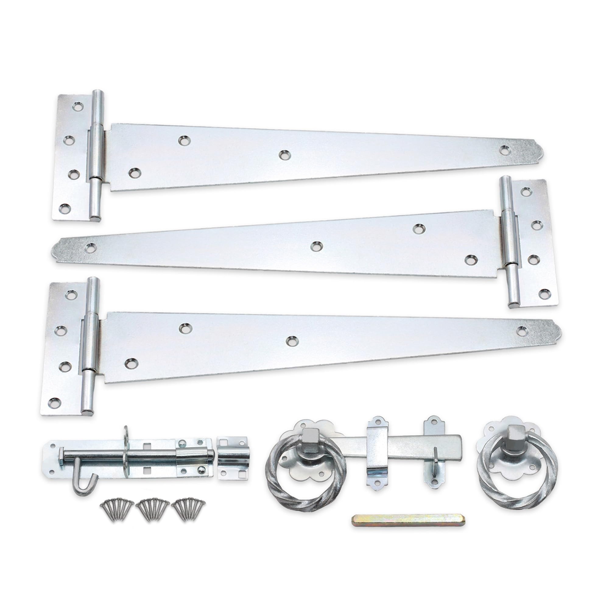 Infinity Decor 14” (350mm) Tee Hinges (3) with Twisted Ring Latch and Brenton Bolt Wooden Gate Ironmongery Kit Zinc for Shed Door Garage Gate